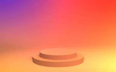 3d yellow orange and purple neon light cylinder podium minimal studio gradient colors background. Abstract 3d geometric shape object illustration render. Display for summer holiday product.