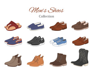 Men's shoes collection. Various types of male shoes casual boots, sneakers, formal shoes, vector illustration, isolated on white background. - obrazy, fototapety, plakaty