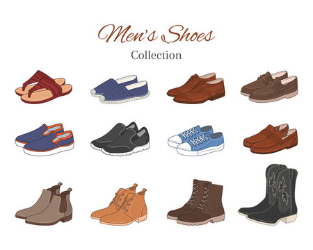 Men's shoes collection. Various types of male shoes casual boots, sneakers, formal shoes, vector illustration, isolated on white background.