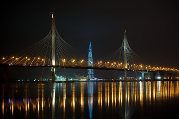 A night shot of the new bridge in Saint-Petersburg near the Zenit arena and Gazprom tower