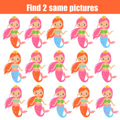 Naklejka premium Children educational game. Find two same pictures. Cute mermaids