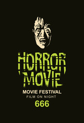 Vector banner or poster for horror movie festival with the face of a creepy zombie on a black background. Scary cinema. Horror film night. Suitable for tickets, flyer, banner, web design