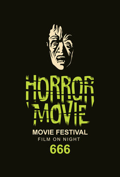 Vector banner or poster for horror movie festival with the face of a creepy zombie on a black background. Scary cinema. Horror film night. Suitable for tickets, flyer, banner, web design