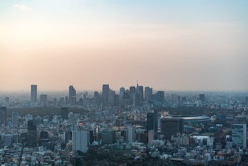 Asia Business concept for real estate and corporate construction - panoramic modern city skyline bird eye aerial view of tokyo tower and vivid blue sky in Roppongi Hill, Tokyo, Japan