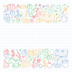 Kindergarten with toys. Pattern for children. Little preschool kids education. Drawing, learning, play