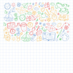 Kindergarten with toys. Pattern for children. Little preschool kids education. Drawing, learning, play