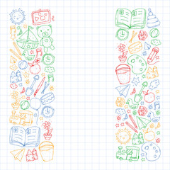 Kindergarten with toys. Pattern for children. Little preschool kids education. Drawing, learning, play
