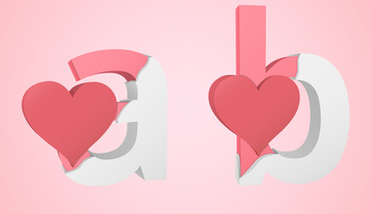 Letters a and b color pink inside the white broken Letters with a big red heart.