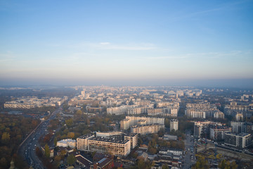 Obraz premium Aerial view of the sleeping areas of Warsaw at sunrise