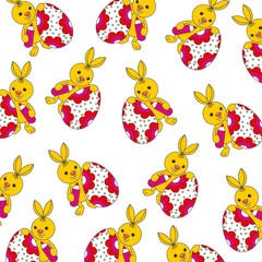 Obraz premium Easter bunnies and easter eggs. Festive texture. Spring religious holiday. Multi-colored drawing. Decor element. Vector illustration.