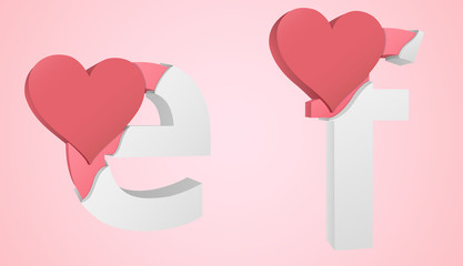 Letters e and f color pink inside the white broken Letters with a big red heart.