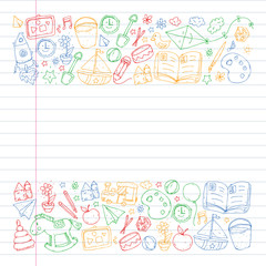 Kindergarten with toys. Pattern for children. Little preschool kids education. Drawing, learning, play
