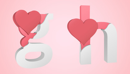 Letters g and h color pink inside the white broken Letters with a big red heart.