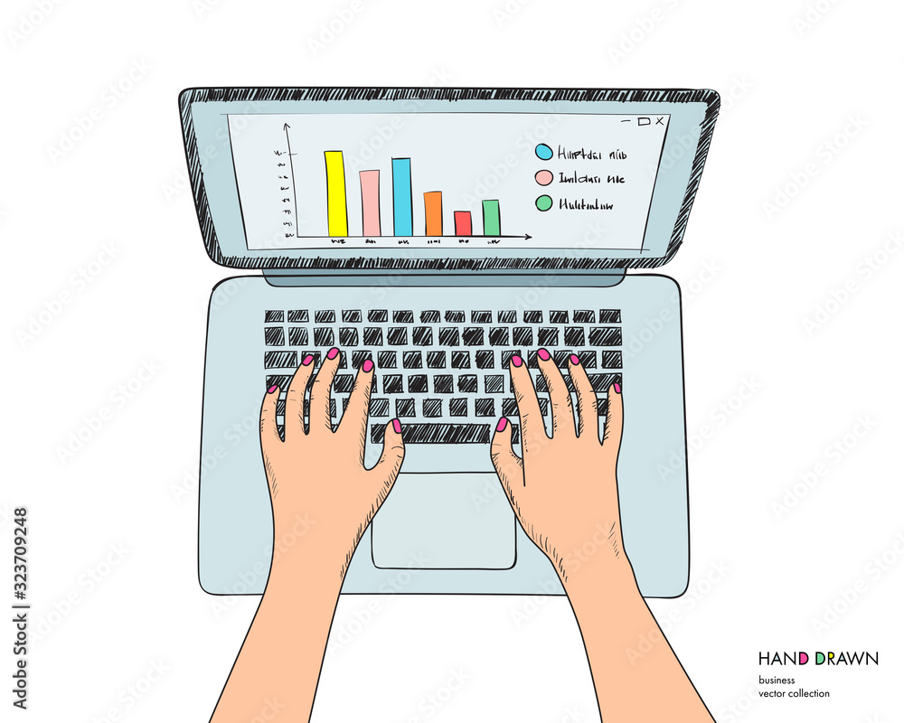 Poster illustration of workplace with laptop. hands on keyboard working. hand drawn vector sketch isolated 