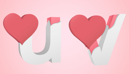 Letters u and v color pink inside the white broken Letters with a big red heart.