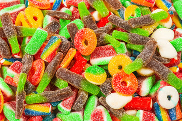 Assorted gummy candies. Top view. Jelly  sweets.