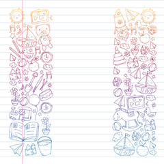Kindergarten with toys. Pattern for children. Little preschool kids education. Drawing, learning, play
