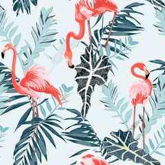 Pink flamingo and exotic blue leaves, blue background. Floral seamless pattern. Tropical illustration. Exotic plants, birds. Summer beach design. Paradise nature.