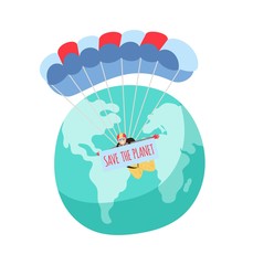 Save the planet. Parachutists flying over Earth with placard. Environmental activists, green activist or eco volunteering. Skydiving hobby vector illustration