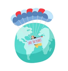 Fototapeten Save the planet. Parachutists flying over Earth with placard. Environmental activists, green activist or eco volunteering. Skydiving hobby vector illustration © ssstocker