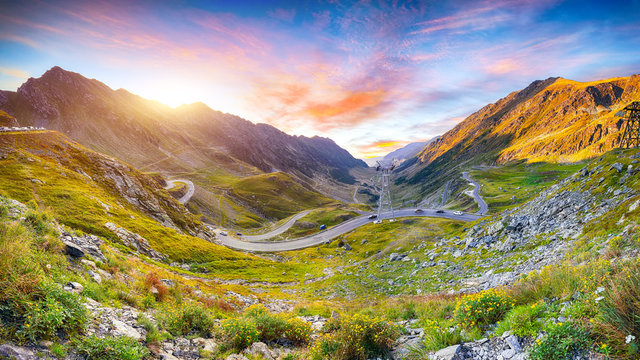 View of Transfagarash highway and valley in mountains of Romania