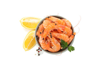 Square bowl with shrimps, pepper, parsley and lemon isolated on white background