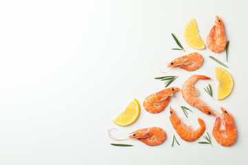 Composition with shrimps and spices on white background, top view