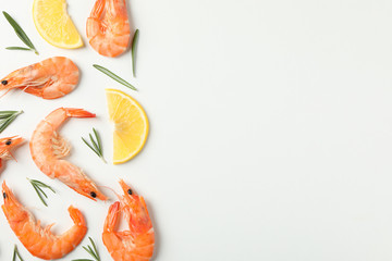 Composition with shrimps and spices on white background, top view