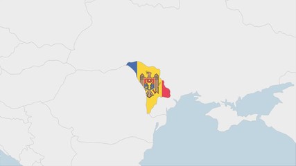 Moldova map highlighted in Moldova flag colors and pin of country capital Chisinau.