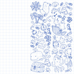 Ocean and sea for children. Pattern for boys. Pirate party. Cute fishes, animals, treasures. Kids vacation pattern, beach toys and elements.