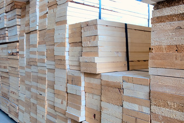 Selective focus industry softwood processing (Pallets wood recycle) material in warehouse store for use on make a furniture for decor home and others