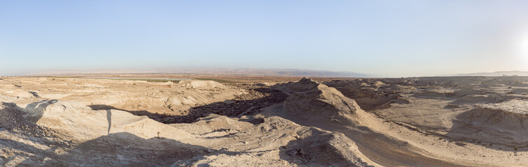 View of the  Judean desert from the caves of the hermits located next to the monastery of Gerasim Jordanian - Deir Hijleh - in the Judean desert near the city of Jericho in Israel