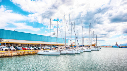 Fototapeta premium Splendid spring Cityscape with marina and Yachts and boats in town Cagliari