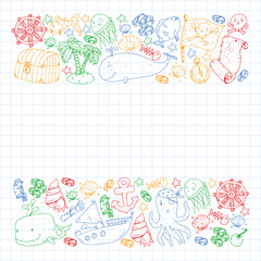 Ocean and sea for children. Pattern for boys. Pirate party. Cute fishes, animals, treasures. Kids vacation pattern, beach toys and elements.