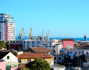 Cityscape with view of indastrial port, Durres, Albania.