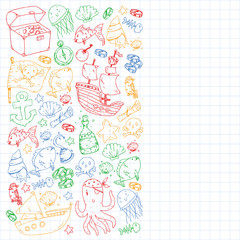 Ocean and sea for children. Pattern for boys. Pirate party. Cute fishes, animals, treasures. Kids vacation pattern, beach toys and elements.