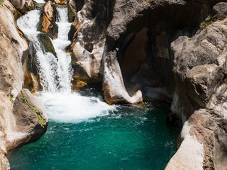 Cascade of waterfalls and natural pool at Sapadere Canyon, Alanya, Antalya, Turkey