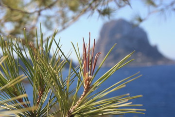 The island of Es Vedra between the blue sky and the blue sea of ​​the Ibizan coasts in front of the Cala D'Hort beach in the Balearic Islands