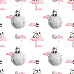 Modèle sans couture aquarelle pour bébé avec des ratons laveurs et des nuages roses lune et ballon