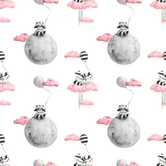 Papier peint adhésif Animaux avec ballon Modèle sans couture aquarelle pour bébé avec des ratons laveurs et des nuages roses lune et ballon