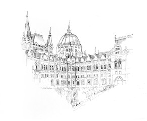 Hand drawn ink sketch of Budapest's Parlament building, outline illustration on white background