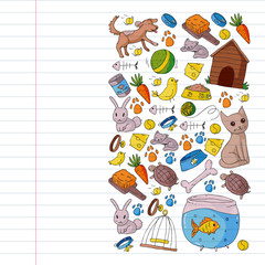 Pet shop. Vector illustration with animals, dog, cat, fish, Colorful background with kitten, bird, puppy. Veterinarian clinic.
