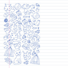 Pet shop. Vector illustration with animals, dog, cat, fish, Colorful background with kitten, bird, puppy. Veterinarian clinic.