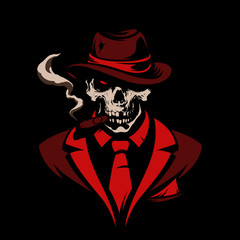 Fototapeta Skull in gangster hat with cigar on black background obraz