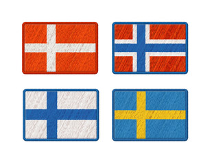 Flags Of Denmark, Norway, Finland, Sweden. Vector Photo Realistic Embroidery Patches Isolated On White Background. 