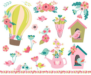 Set of spring in the garden isolated clipart illustration in scandinavian style isolated on white background. Birds  with flowers, air balloon, spring umbrella, watering can, spring gardening concept.