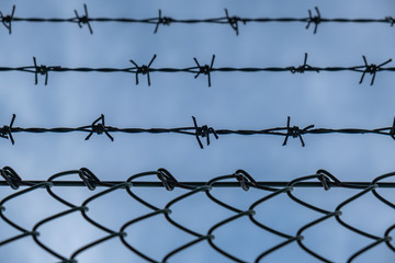 Barbed wire on blue sky background