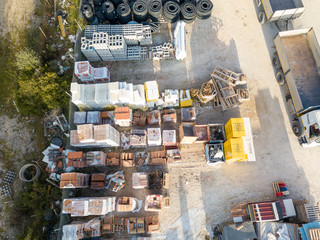 PISA, ITALY, FEBRUARY 08, 2020. Aerial view from drone of warehouse  of building materials