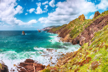Splendid spring view of ancient ruins of Laveria Lamarmora (Miniera di Nebida).