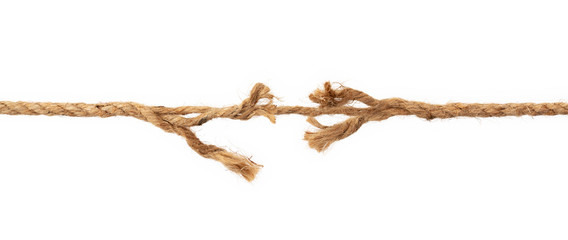 Long, old frayed rope is breaking off. Isolated on white. - obrazy, fototapety, plakaty